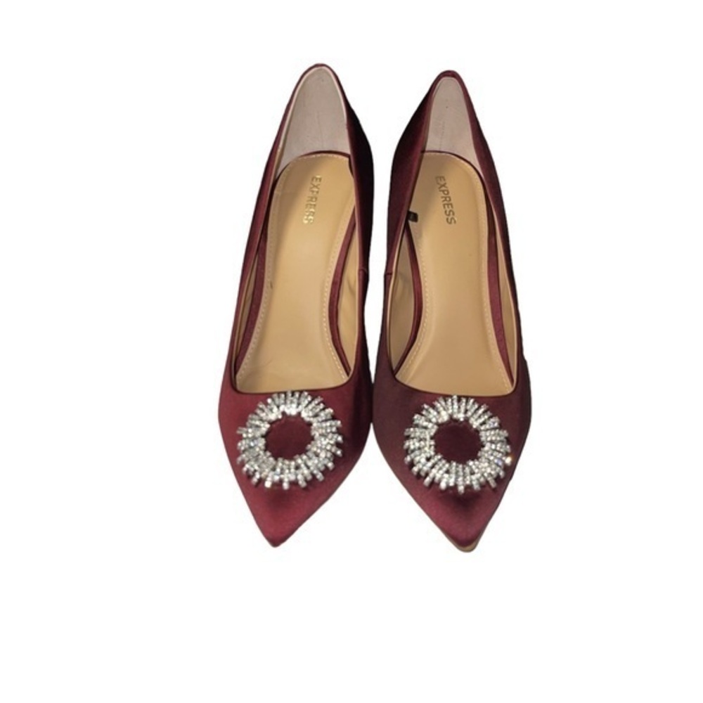 EXPRESS Deep Burgandy Satin Rhinestone Pointed Toe‎ Pumps Heels 10